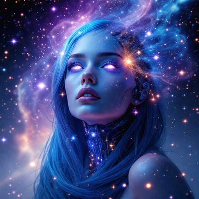 The primary subject of the image is a woman with blue hair, who is the main focus of the scene. She is wearing a futuristic outfit and has a purple glow around her. The setting is a space background, with a galaxy visible in the background. The visual style is a digital art or illustration, creating a futuristic and surreal atmosphere. The colors and mood of the image are predominantly purple and blue, giving the scene a sense of otherworldliness and fantasy.
